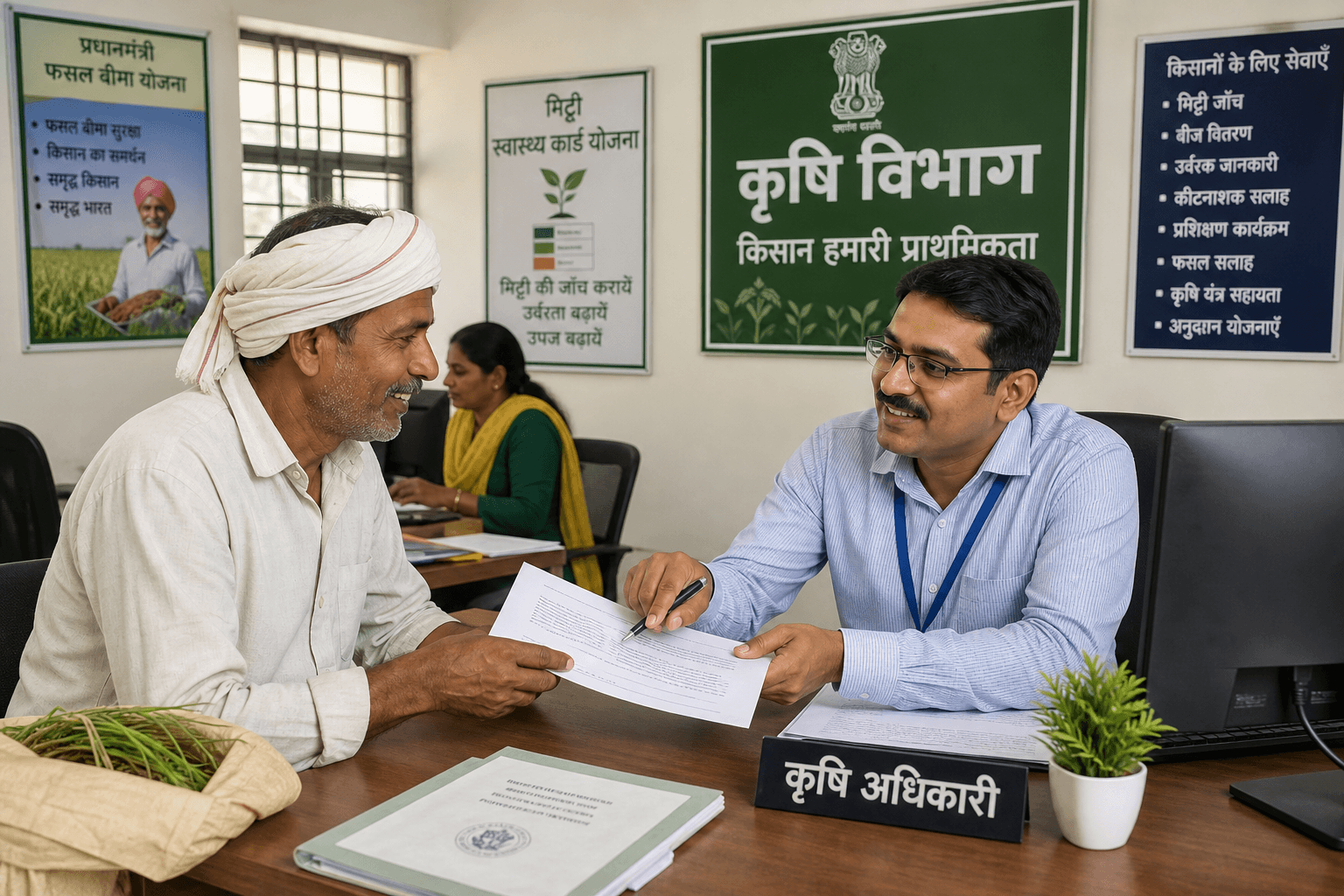 कृषि कार्यालय में किसान कागजात देखते हुए
